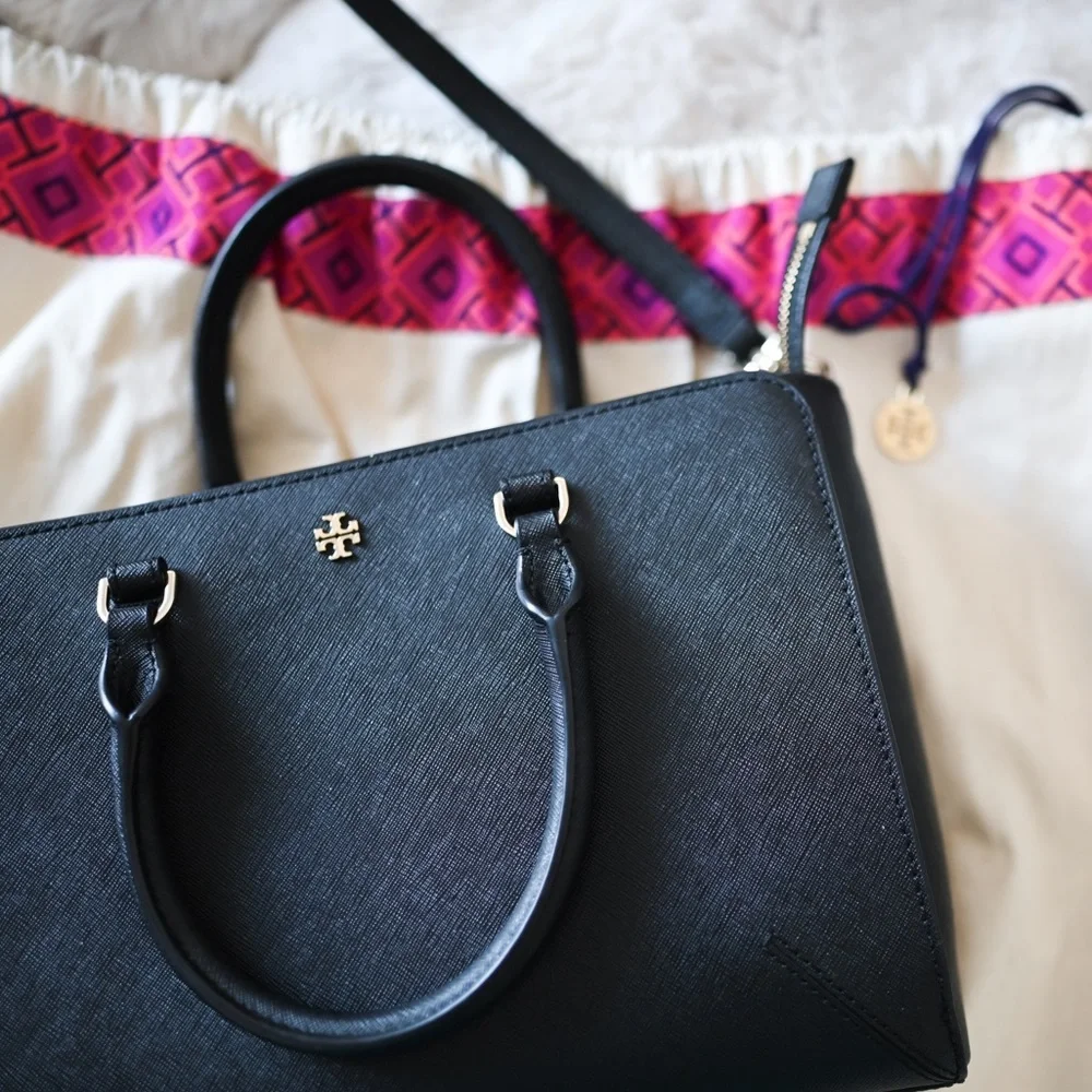 Tory Burch Black Saffiano Leather Satchel with Gold Logo